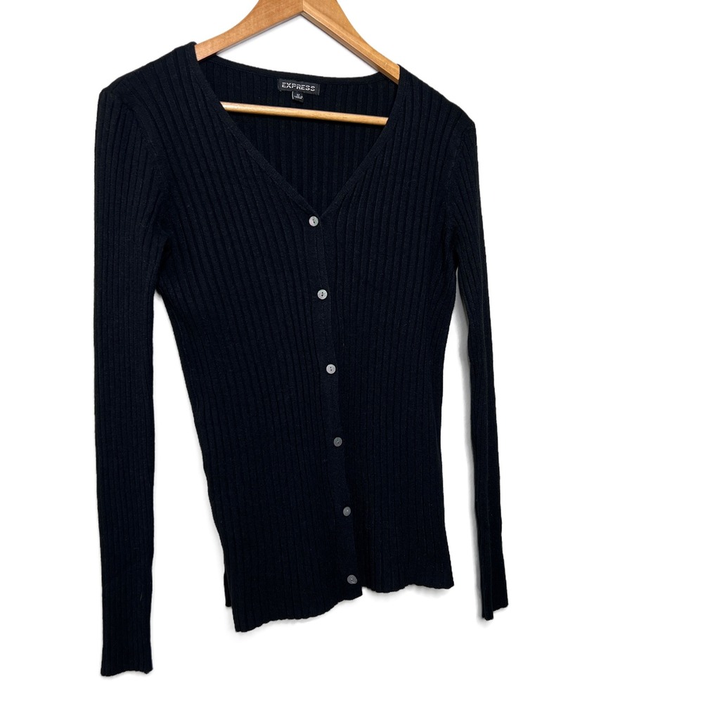 EXPRESS Black Ribbed V Neck Button Up Long Sleeve Cardigan Sweater Womens M - Picture 11 of 16
